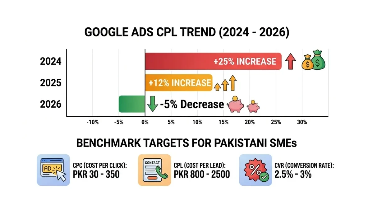 Infographic: Infographic showing Google Ads CPL trend from 2024 to 2026 with three horizontal bars: 2024 +25% increase (red), 2025 +1