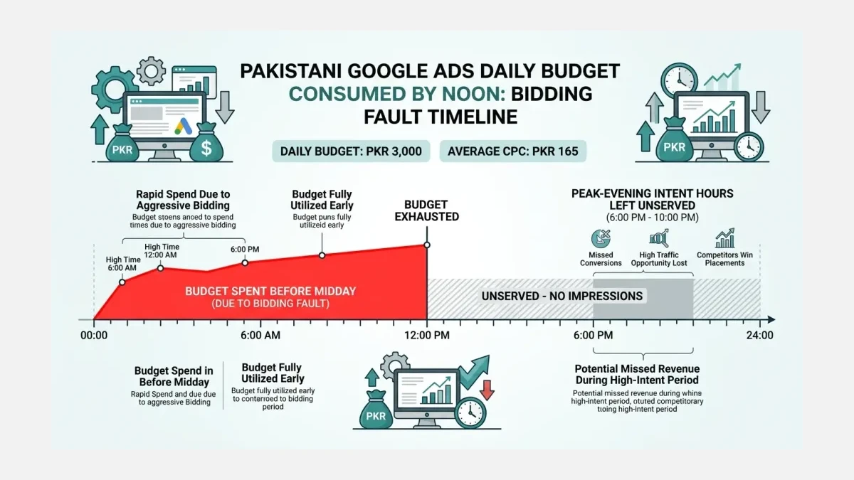 Infographic: how a Pakistani Google Ads daily budget is consumed by noon during a bidding fault, leaving peak-evening intent unserved