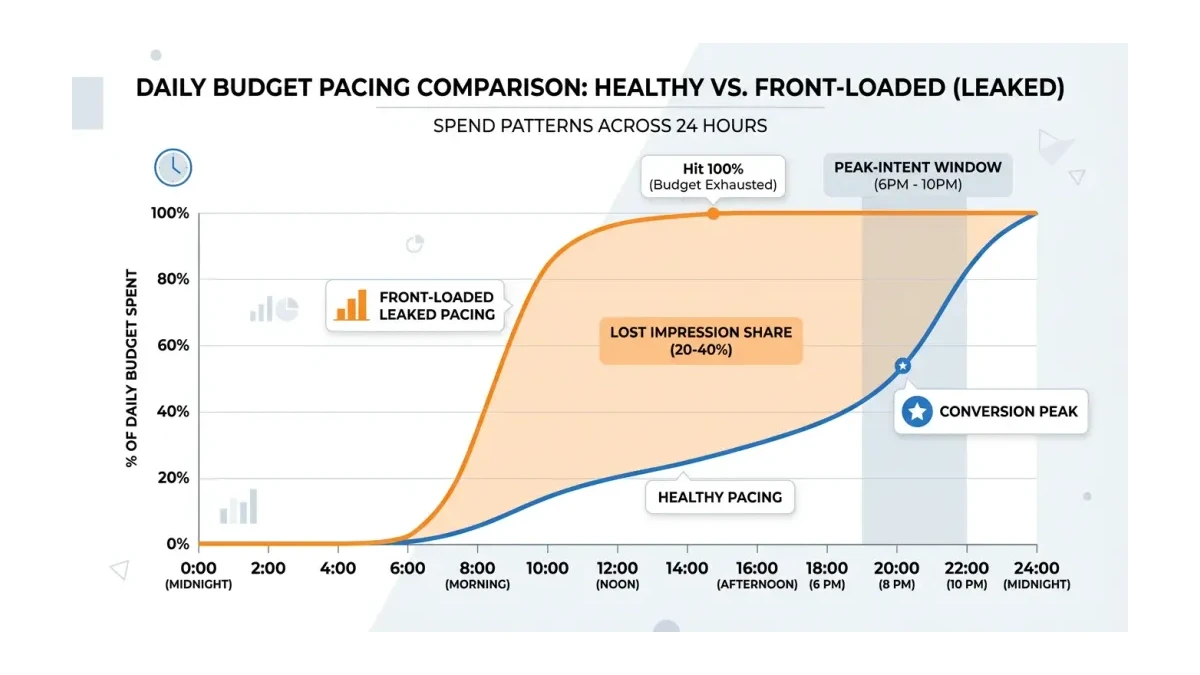 Infographic: a 24-hour budget pacing chart showing spend front-loaded before noon and peak-evening intent left unserved