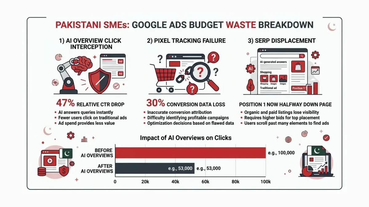 Infographic: Infographic showing Google Ads budget waste breakdown for Pakistani SMEs. Three leak zones illustrated: 1) AI Overview c