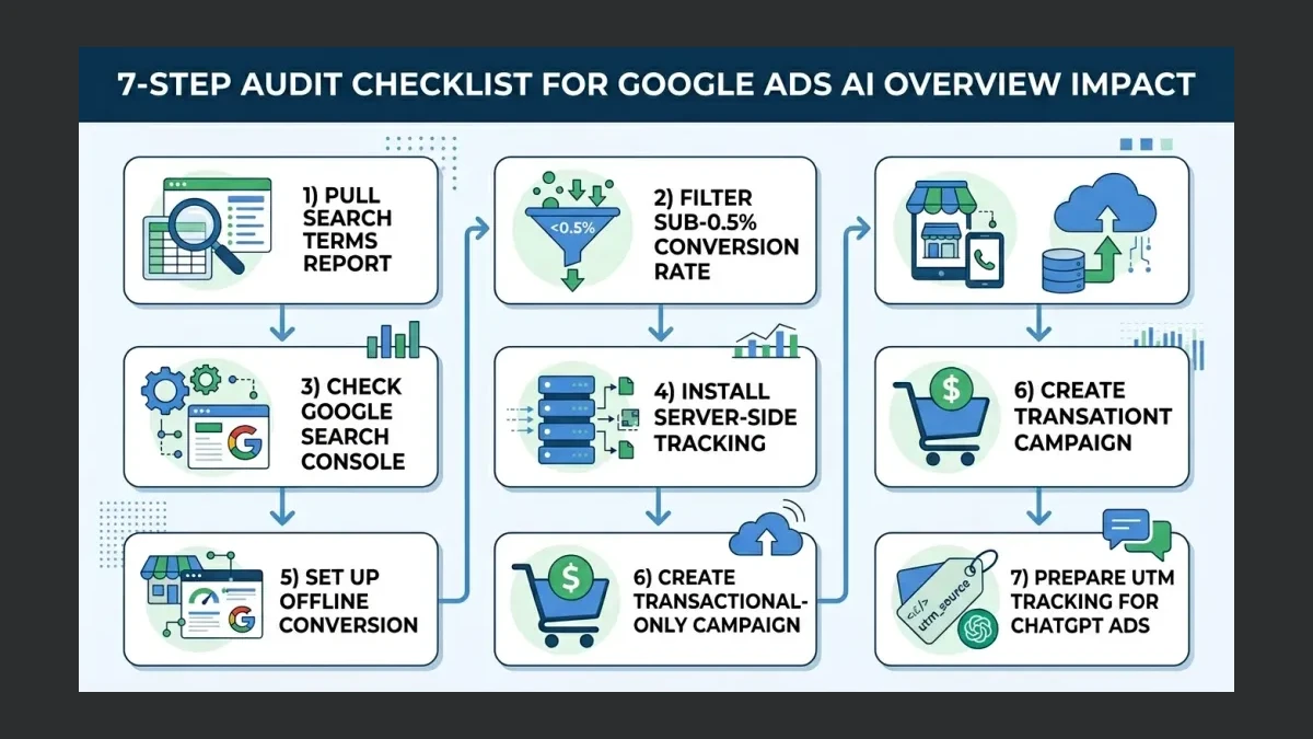 Infographic: Infographic showing 7-step audit checklist for Google Ads AI Overview impact. Vertical flowchart: 1) Pull Search Terms r