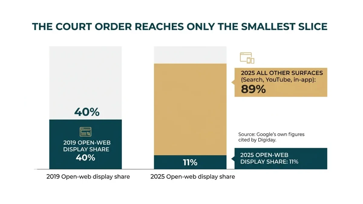 Infographic: Infographic bar chart showing where Google Ads impressions actually go: 2019 open-web display share 40%, 2025 open-web d