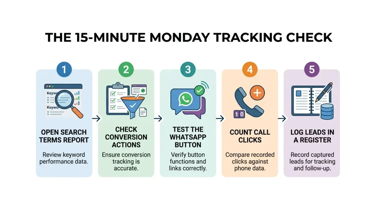 Infographic showing a five-step weekly routine to check ad tracking, search terms, and lead counts in Google Ads.