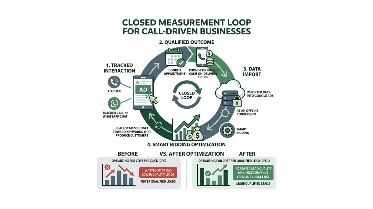 Infographic: Infographic of the closed measurement loop for call-driven businesses: ad click becomes tracked call or WhatsApp chat, b