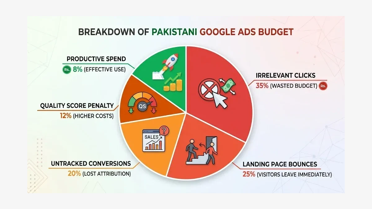 Infographic: Google Ads budget waste breakdown showing percentage of spend lost to each breakdown area