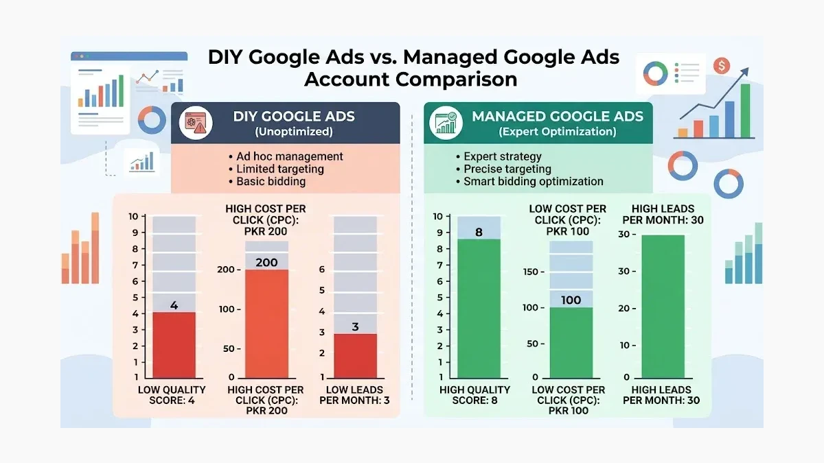 Infographic: Comparison of DIY vs managed Google Ads account showing key performance differences