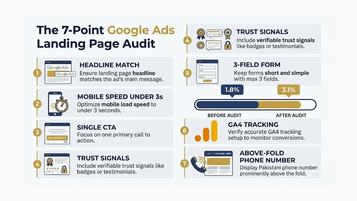 Infographic: Infographic showing the seven-point landing page audit checklist for Pakistani Google Ads: seven numbered items arranged