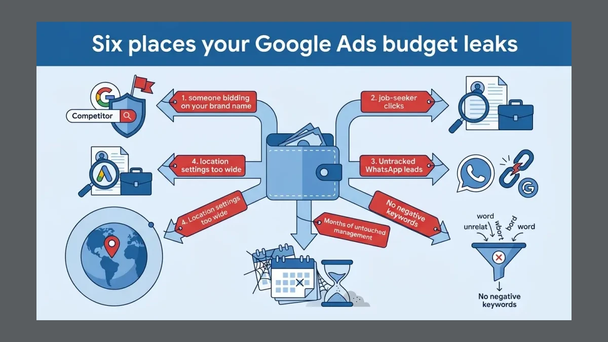 Infographic: Flat design leak-audit infographic titled 'Six places your Google Ads budget leaks' showing a central wallet icon with s