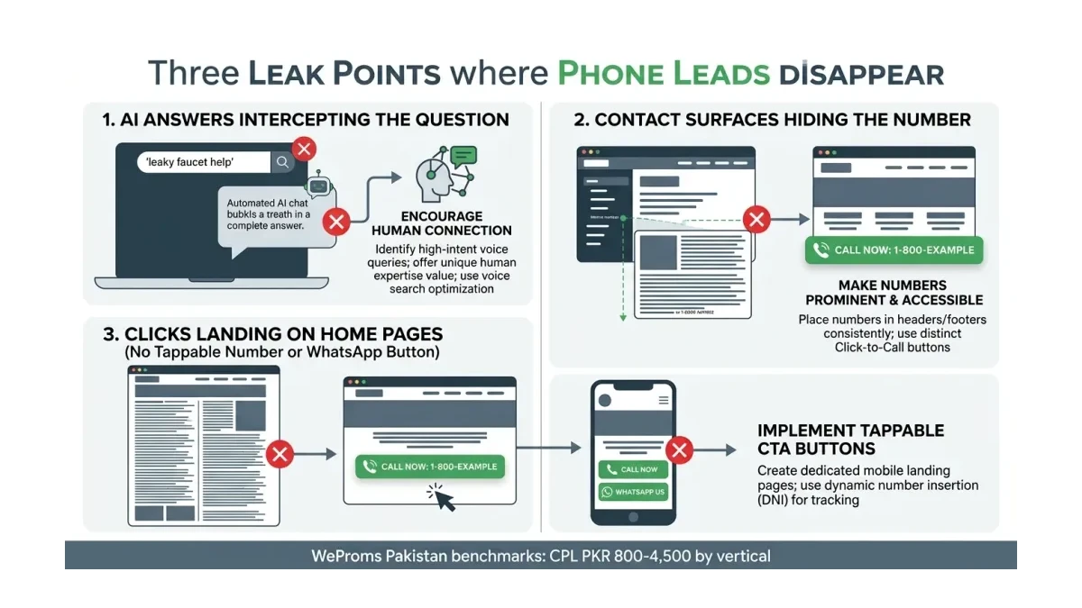 Infographic: Diagram of three leak points where phone leads disappear: AI answers intercepting the question, contact path friction, landing page burying the number