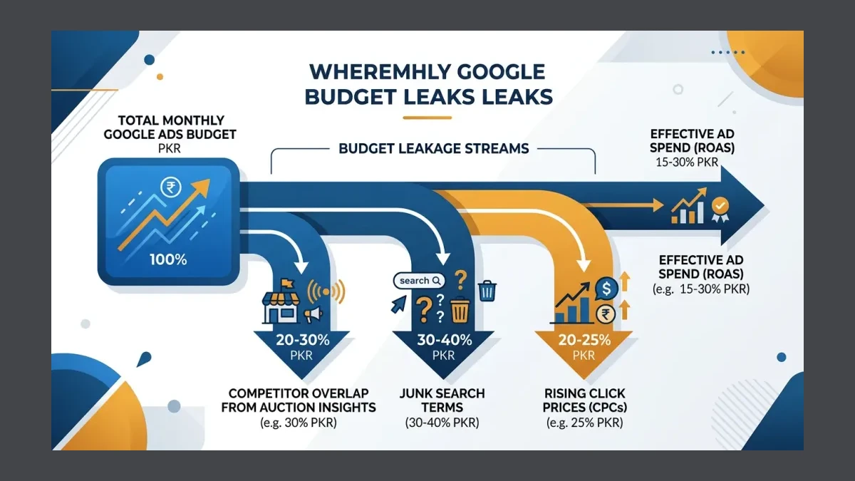 Infographic: flow of a monthly Google Ads budget showing the share lost to competitor overlap, junk search terms, and rising click prices before any revenue arrives