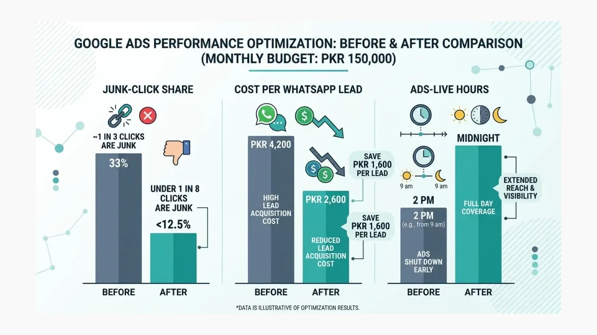 Infographic: before and after bar comparison of a PKR 150,000 monthly Google Ads budget, showing junk-click share falling and cost per lead in PKR dropping after a waste audit