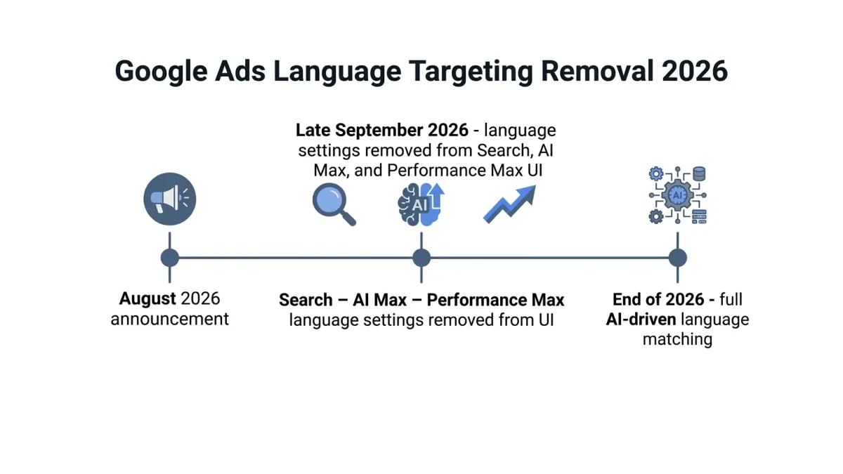 Infographic: Timeline of Google's September 2026 language targeting removal across Search, AI Max, and Performance Max campaigns.