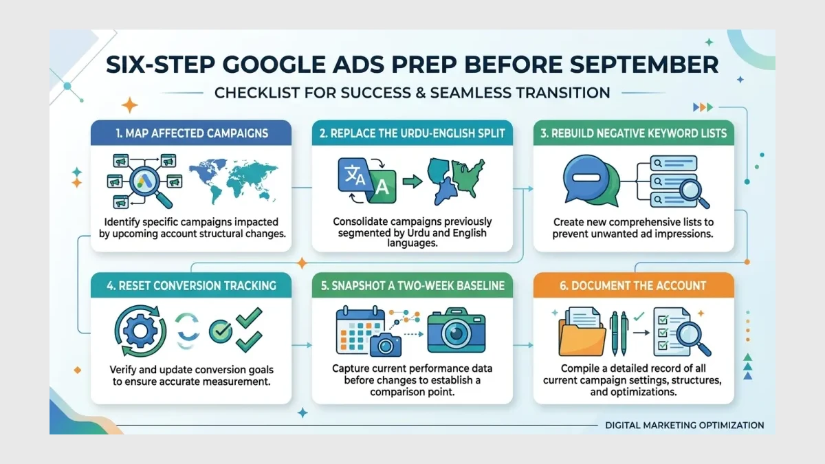 Infographic: Six-step preparation checklist for Pakistani Google Ads accounts before the September 2026 language targeting change.