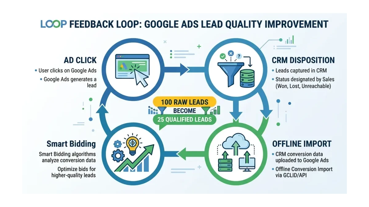 Infographic: The LOOP data flow from ad click to CRM disposition to offline import into Smart Bidding