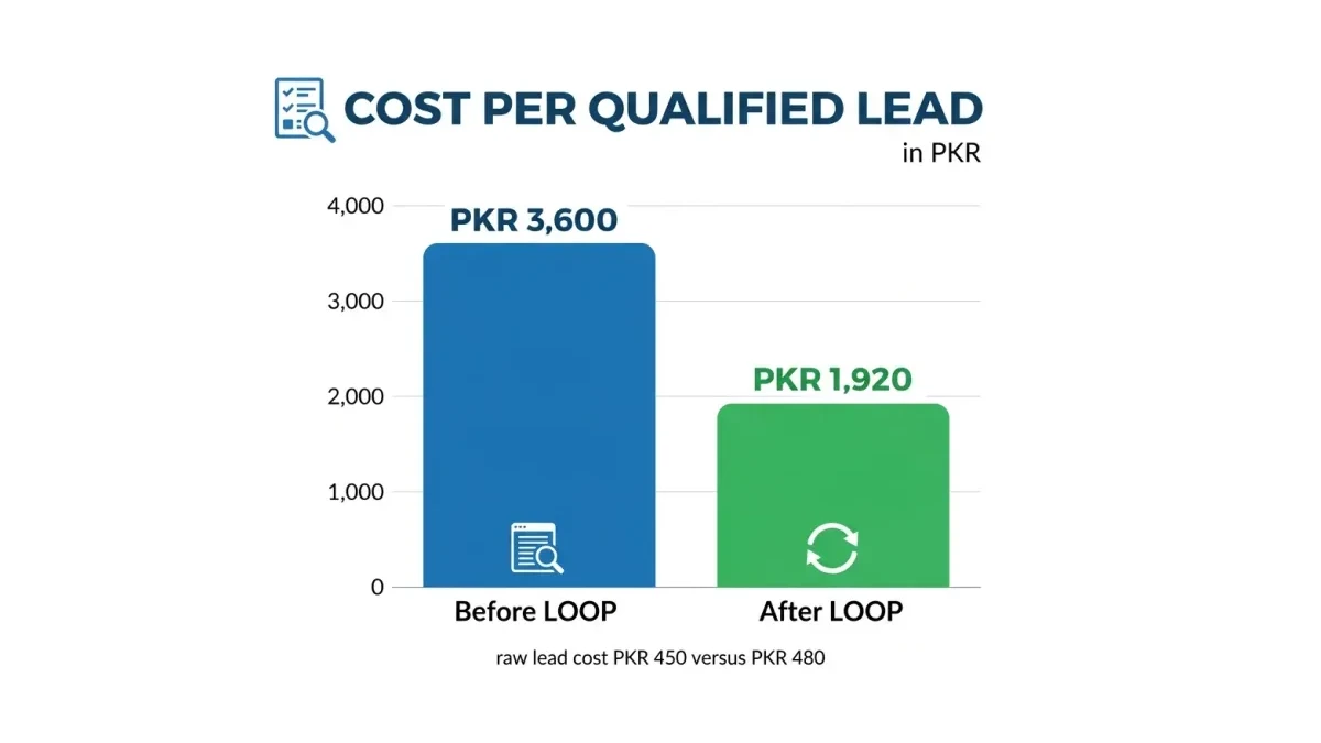 Infographic: Cost per qualified lead falling from PKR 3,600 to PKR 1,920 in the LOOP worked example