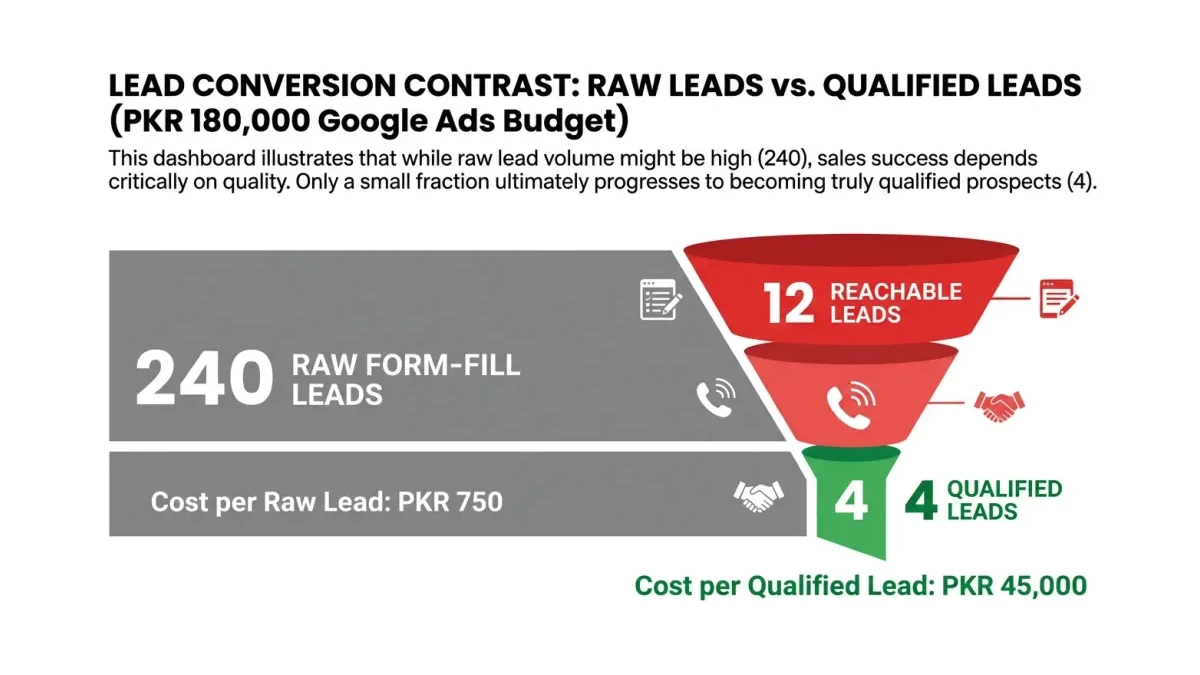 Infographic: raw leads versus qualified leads from a PKR 180,000 monthly Google Ads budget
