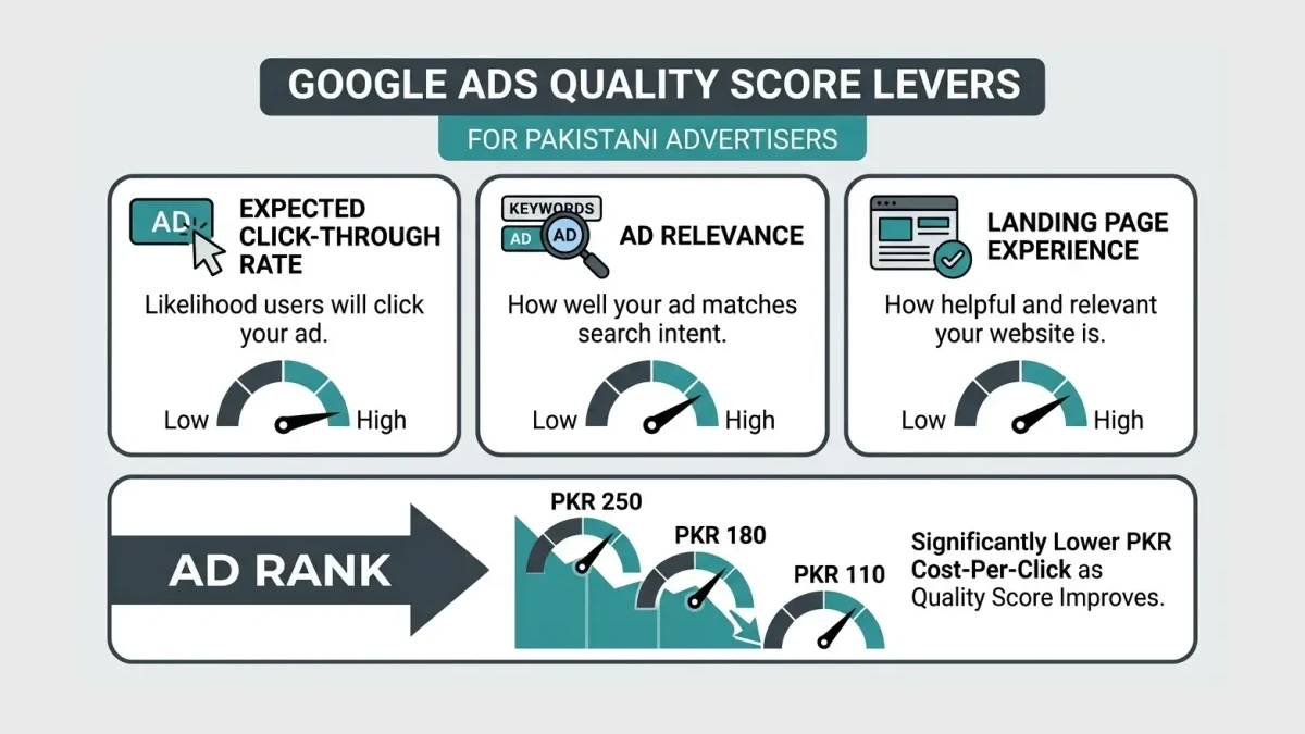 Infographic: Infographic-style diagram of the three Google Ads Quality Score levers for a Pakistani advertiser: three columns labeled