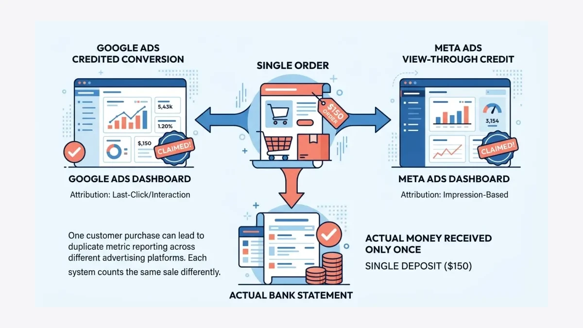 Infographic: Infographic showing one sale being claimed twice with a central shopping order icon connected by arrows to two dashboard
