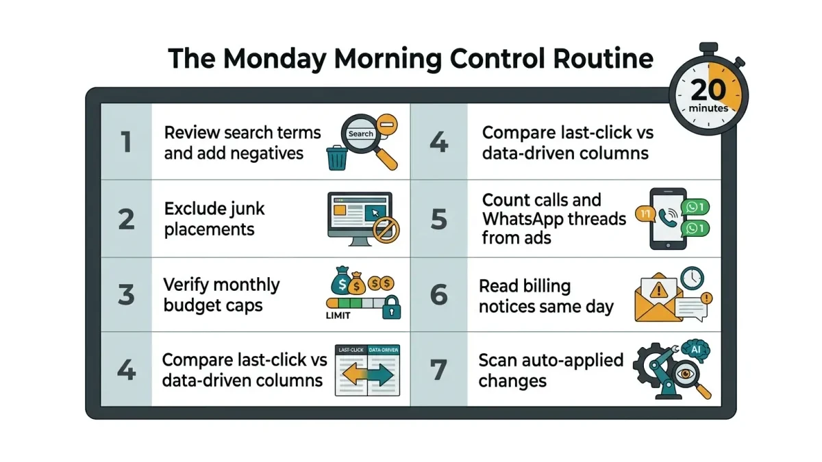 Infographic: Infographic of a 20-minute weekly Google Ads control routine shown as a seven-item checklist board with numbered rows: 1