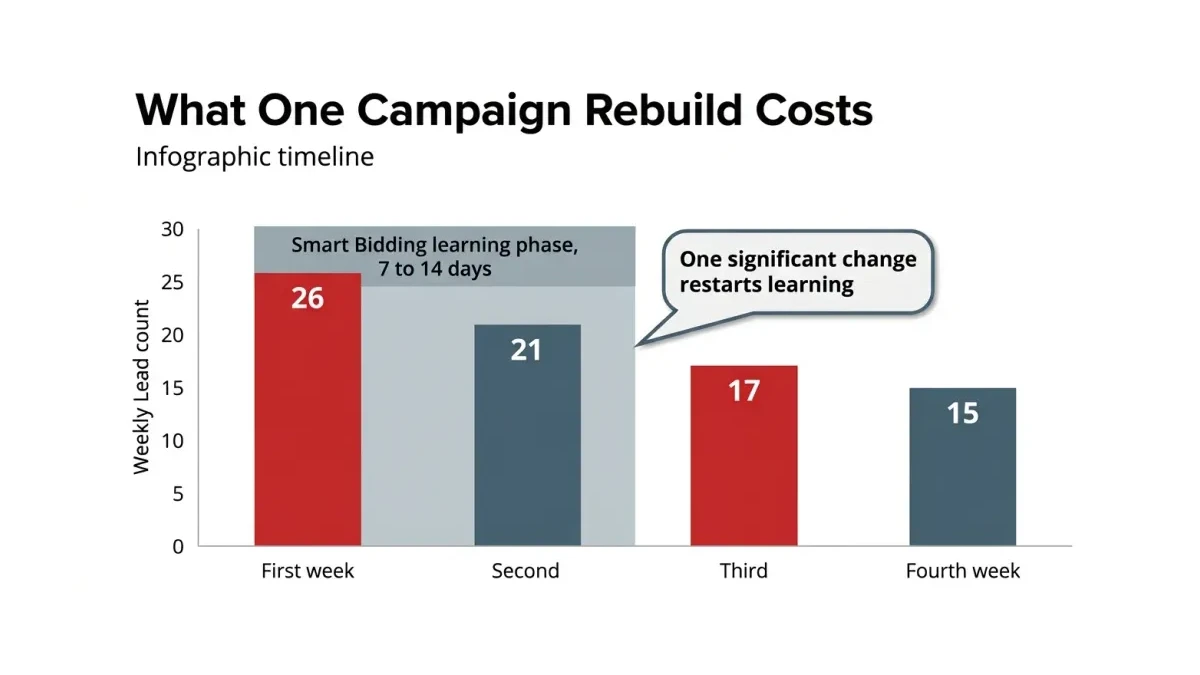Infographic: Infographic timeline titled 'What One Campaign Rebuild Costs' showing weekly lead counts falling from 26 to 21 to 17 to 15