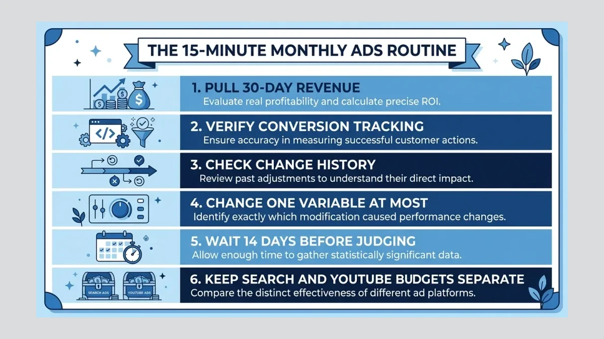 Infographic: Infographic checklist card titled 'The 15-Minute Monthly Ads Routine' listing six numbered steps: pull 30-day revenue, verify tracking, review change history, change one variable, mark the date, and log the result