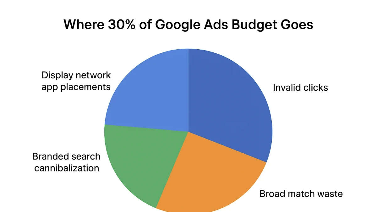 Infographic: Pie chart showing where 30% of Google Ads budget goes — display network app placements, invalid clicks, broad match waste, branded search cannibalization, and geographic spillover