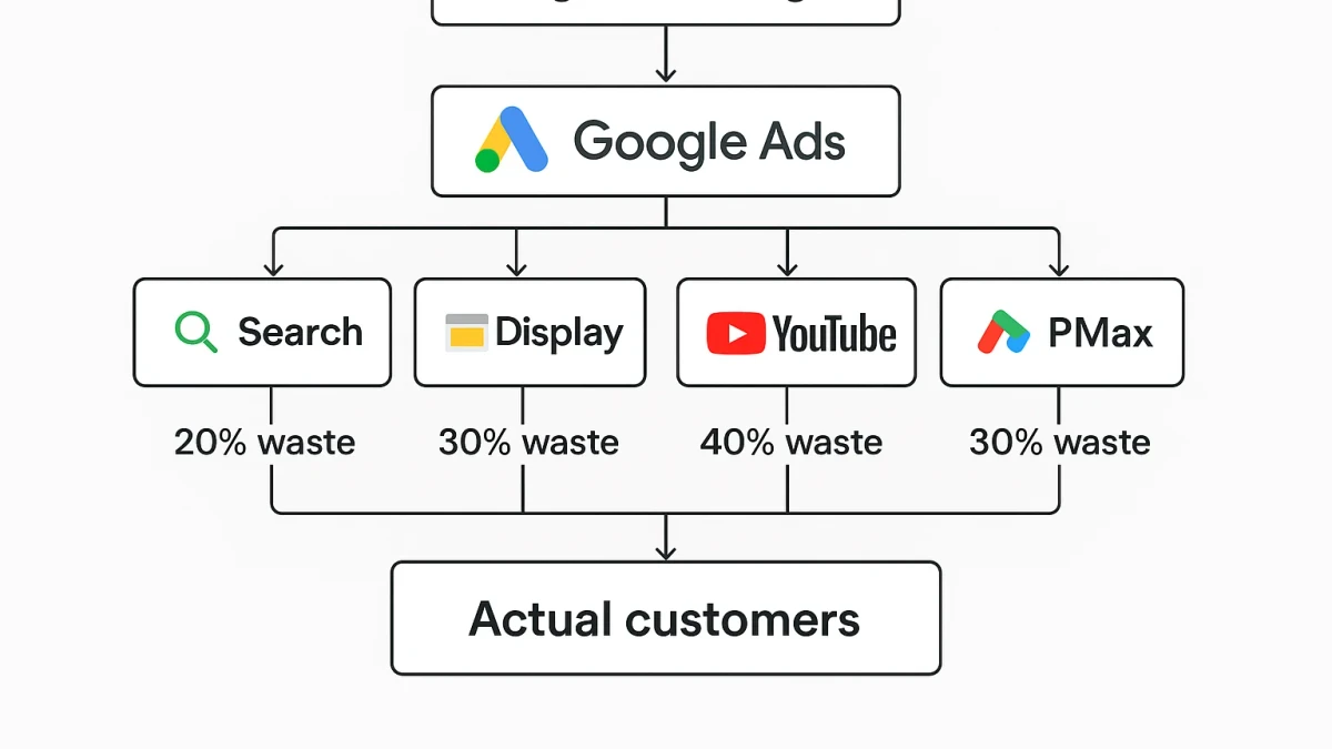Infographic: Flow diagram showing how a single ad budget enters Google Ads and splits across Search, Display, YouTube, and PMax — with waste percentage at each branch before reaching actual customers
