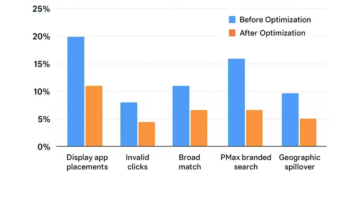 Infographic: Bar chart comparing average CPC waste percentages across five waste categories — display app placements, invalid clicks, broad match, PMax branded search, and geographic spillover — with before/after optimization benchmarks