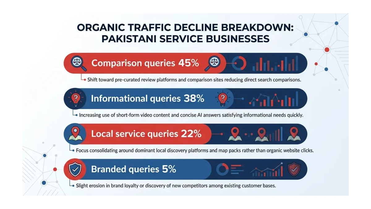 Infographic showing organic traffic decline breakdown for Pakistani service businesses: four horizontal bars labeled 'Co