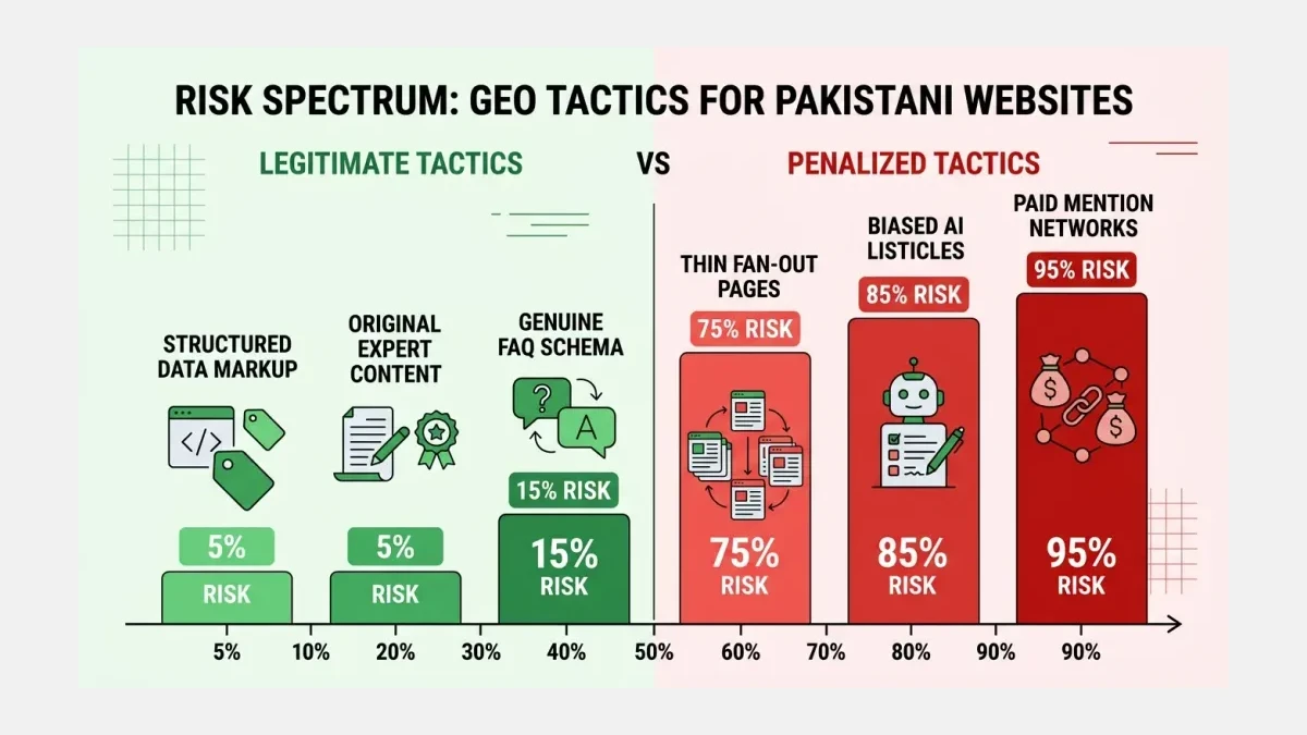 Infographic: Infographic showing a risk spectrum bar chart comparing legitimate GEO tactics versus penalized tactics for Pakistani we