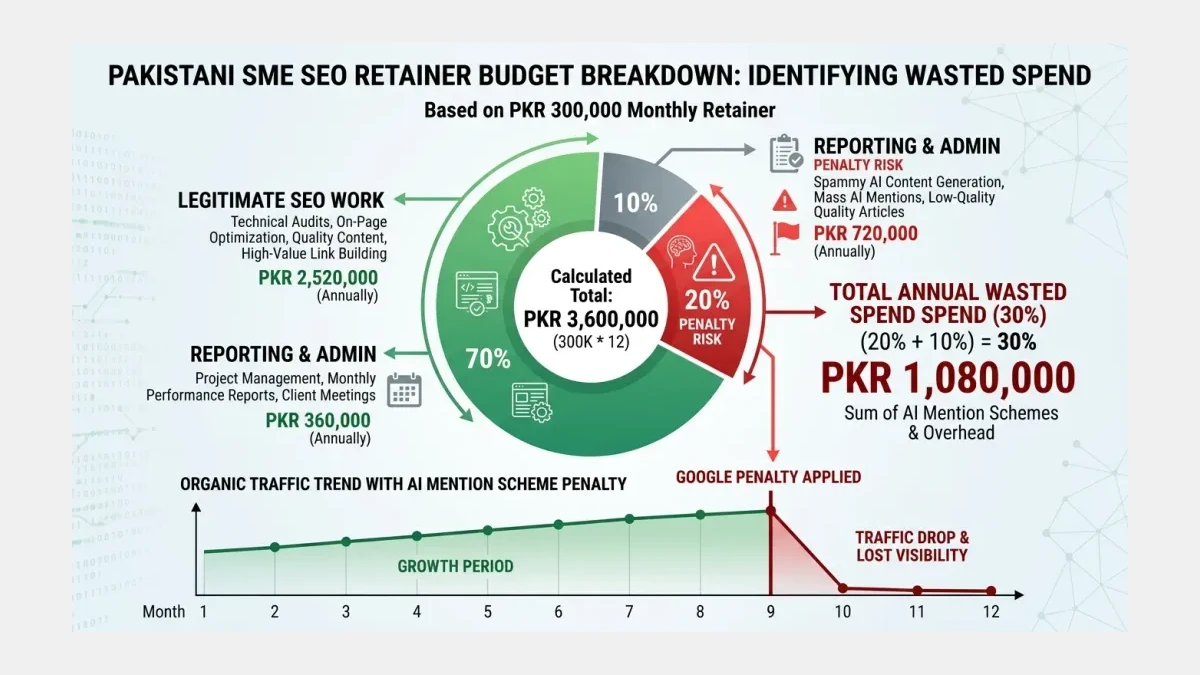 Infographic: Infographic showing budget waste breakdown for Pakistani SME SEO retainers: 70% legitimate SEO work in green, 20% AI men