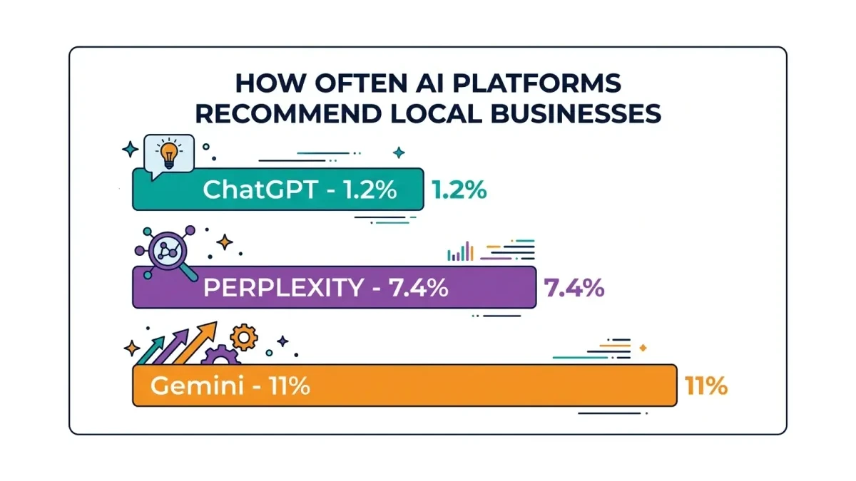 Infographic: Local business recommendation rates by AI platform showing ChatGPT 1.2%, Perplexity 7.4%, and Gemini 11%