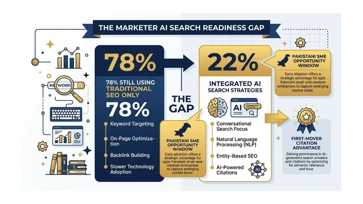 Infographic: Infographic showing the marketer AI search readiness gap: 22% of marketers integrated AI search strategies vs 78% still 