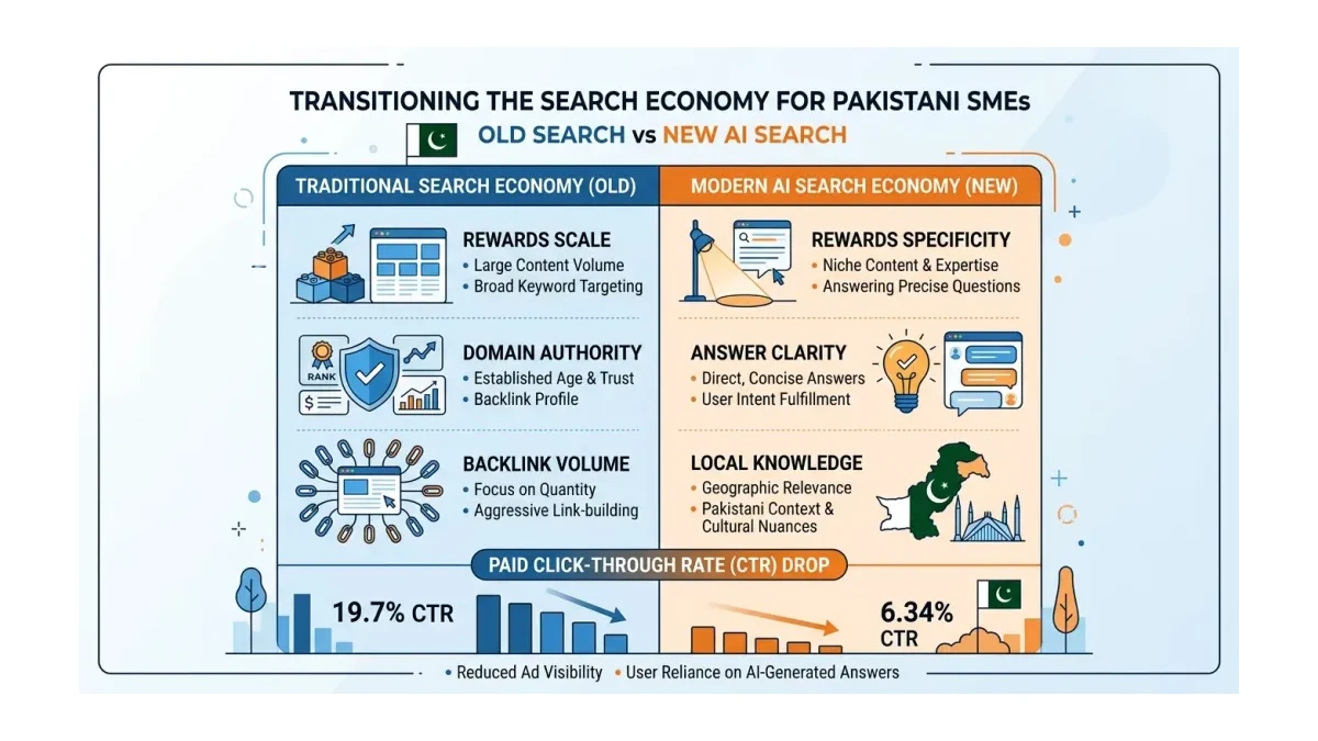 Infographic: Infographic comparing old search economy vs new AI search economy for Pakistani SMEs. Old: rewards scale, domain authori
