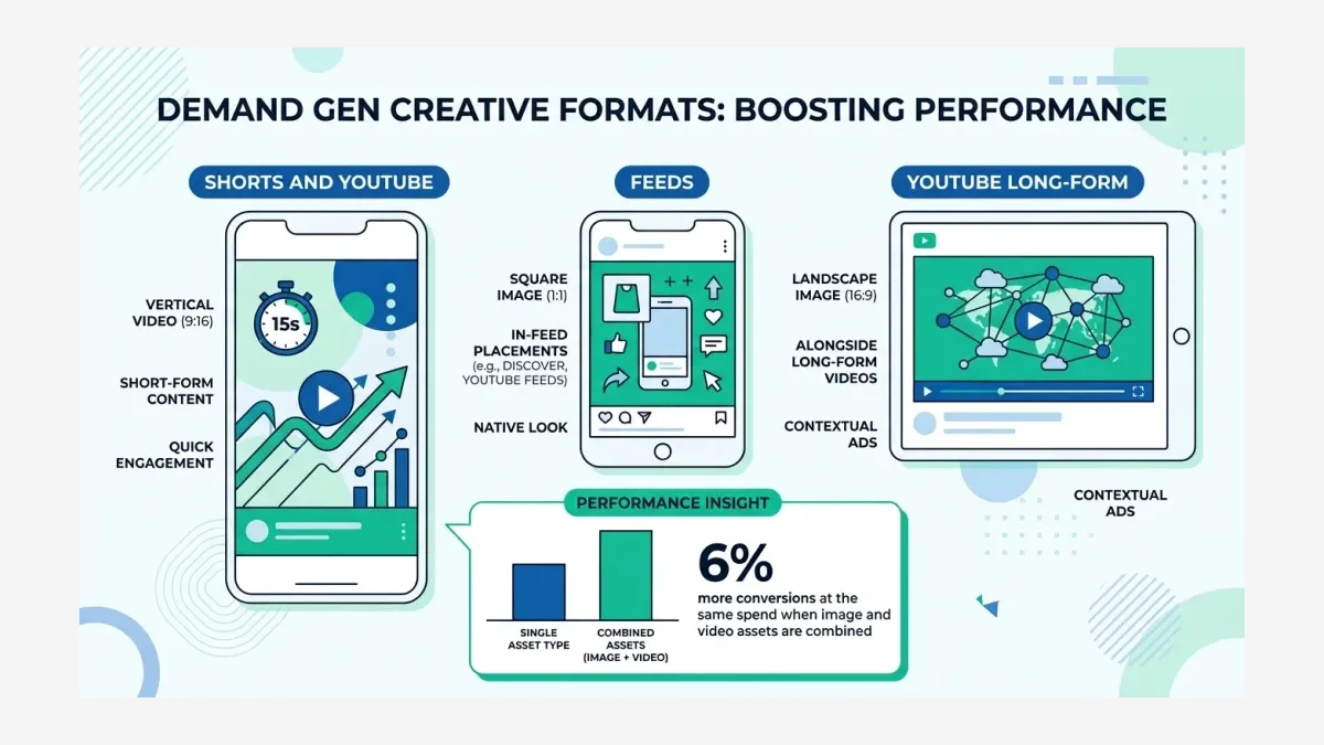 Infographic: Infographic showing Demand Gen creative formats side by side as three device-outlined panels: a vertical 15-second video