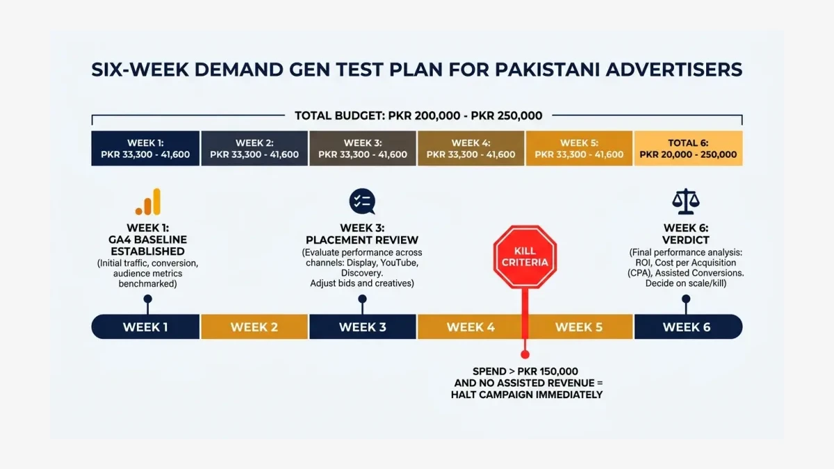 Infographic: Infographic of a six-week Demand Gen test plan as a horizontal timeline for Pakistani advertisers: a PKR 200,000 to 250,