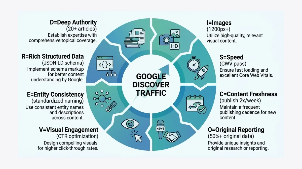 Infographic: Infographic showing the DISCOVER framework as a circular flow diagram with 8 steps: D=Deep Authority (20+ articles), I=I