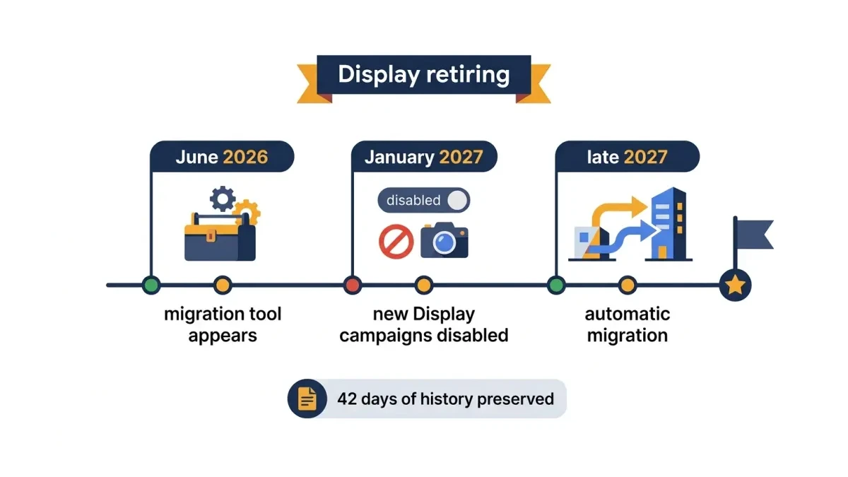 Infographic: Infographic timeline of the Google Display to Demand Gen migration deadlines: banner reading Display retiring, four mile