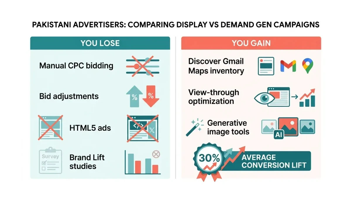 Infographic: Infographic comparison of what Pakistani advertisers lose versus gain when Display campaigns become Demand Gen: two-colu