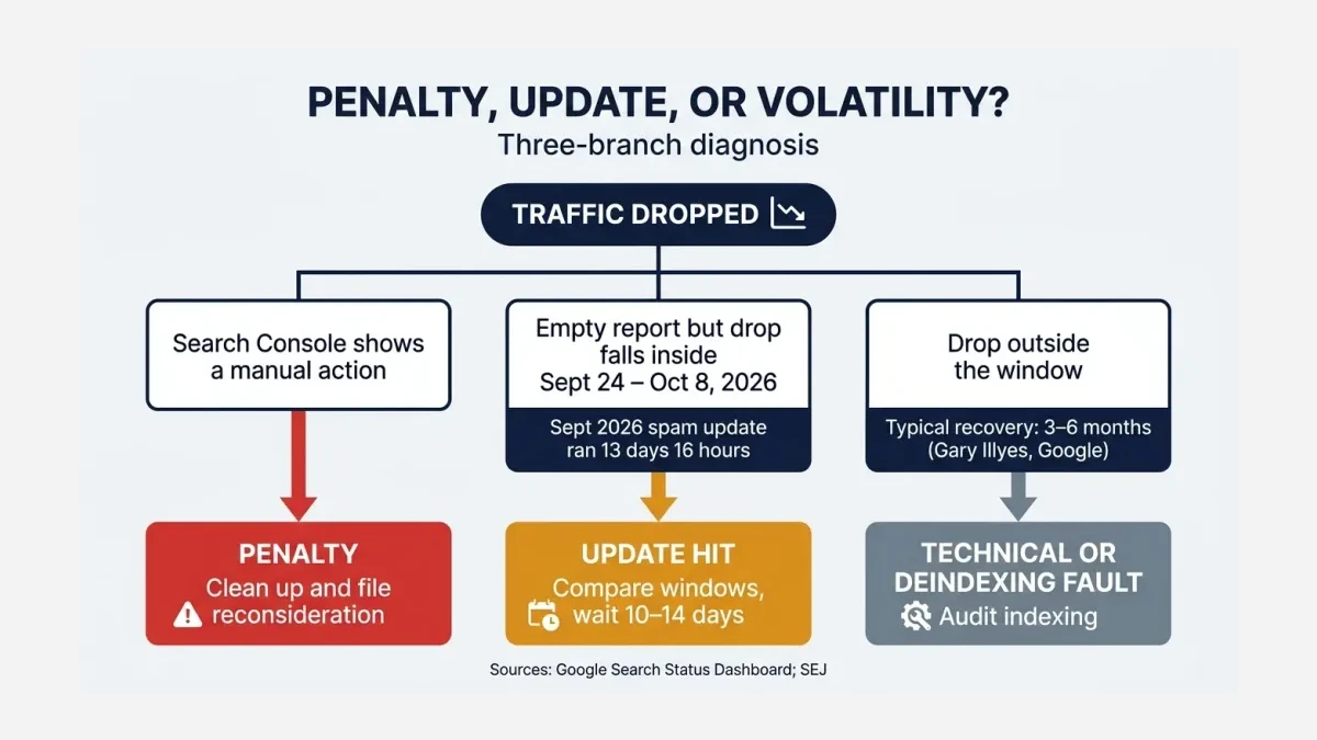 Infographic: A decision tree starting from a traffic drop with three branches — a Search Console manual action leading to a penalty cleanup and reconsideration path, an empty report with a drop inside the September 24 to October 8, 2026 window leading to an update-hit diagnosis, and a drop outside that window leading to a technical or deindexing fault.