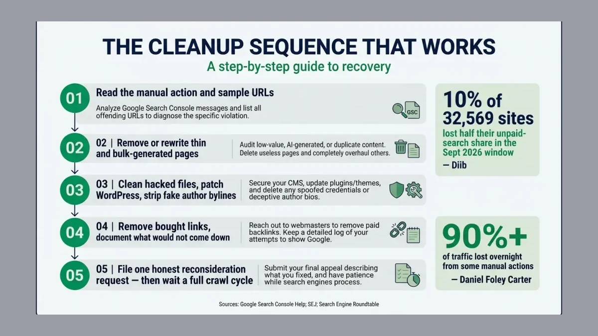 Infographic: A five-step cleanup sequence — read the manual action and sample URLs, remove or rewrite thin and bulk-generated pages, clean hacked files and strip fake author bylines, remove bought links and document what would not come down, then file one honest reconsideration request and wait a full crawl cycle.