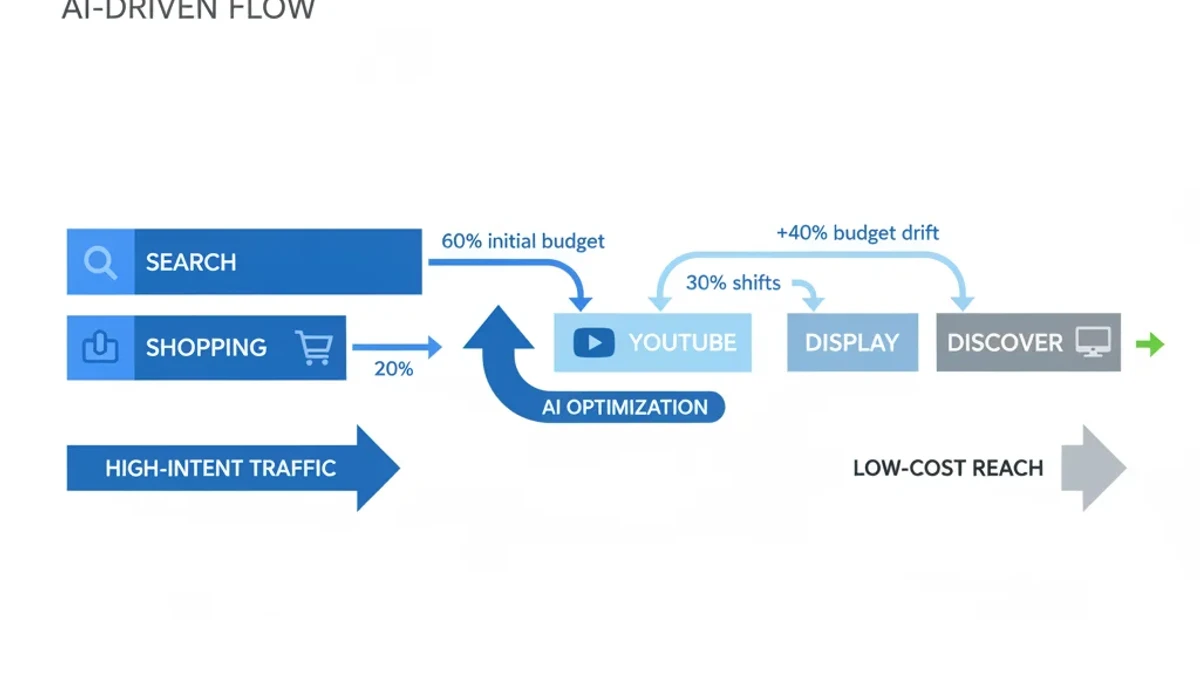 Infographic: PMax channel budget allocation showing how AI shifts spend from high-intent Search to low-cost Display, diluting conversion quality