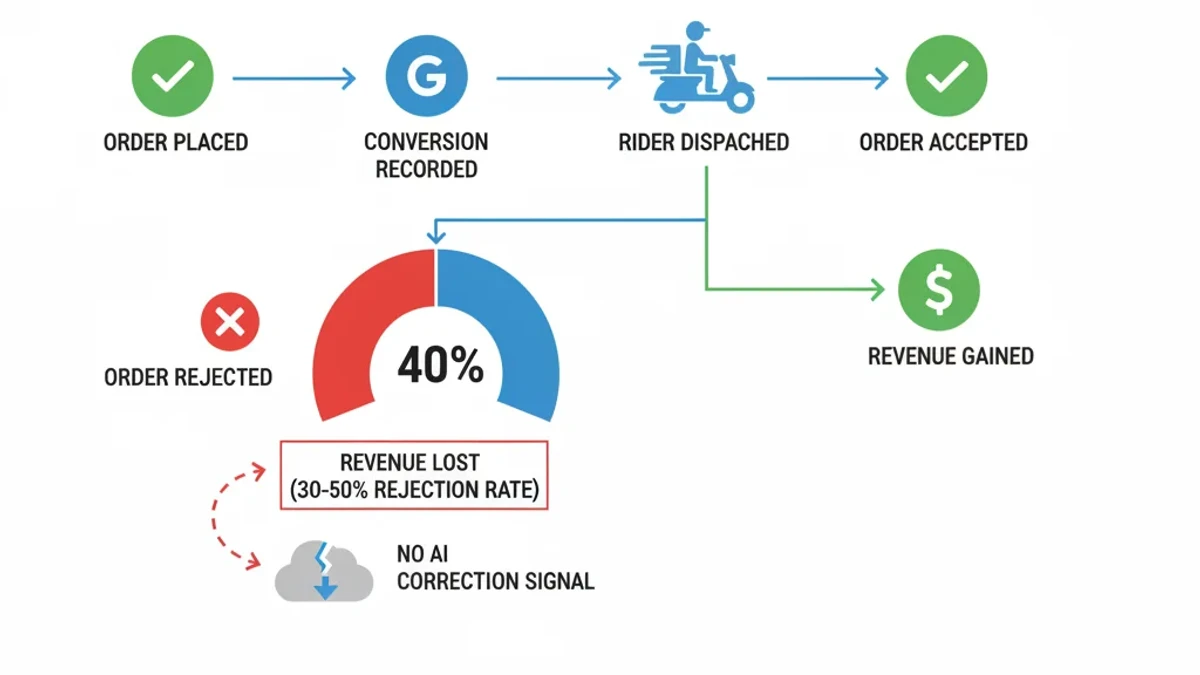 Infographic: COD tracking gap showing how purchase event fires before delivery confirmation, with 30-50% rejection corrupting PMax optimization data