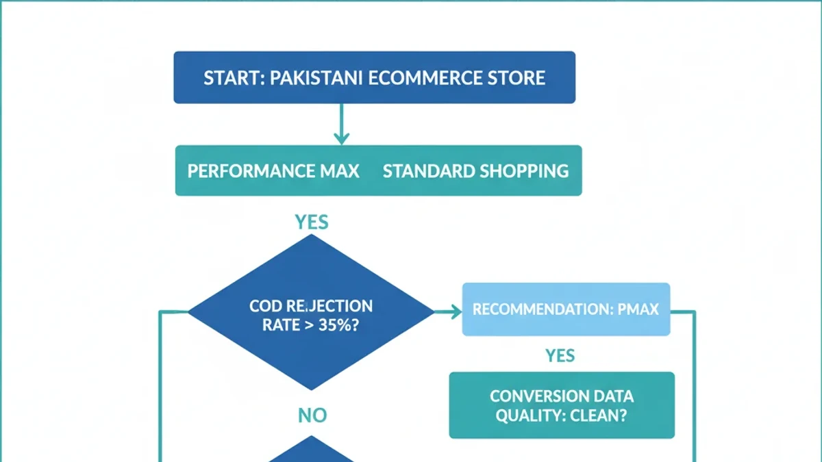Infographic: Decision flowchart comparing PMax vs Standard Shopping for Pakistani ecommerce stores based on COD rejection rate, conversion data quality, and feed compliance