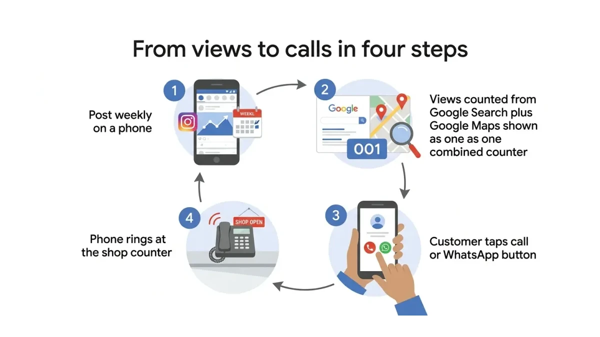 Infographic titled 'From views to calls in four steps': circular numbered flow diagram showing weekly posting on a phone, view counts read weekly, posts ending at a call or WhatsApp button, and answers tallied at the counter
