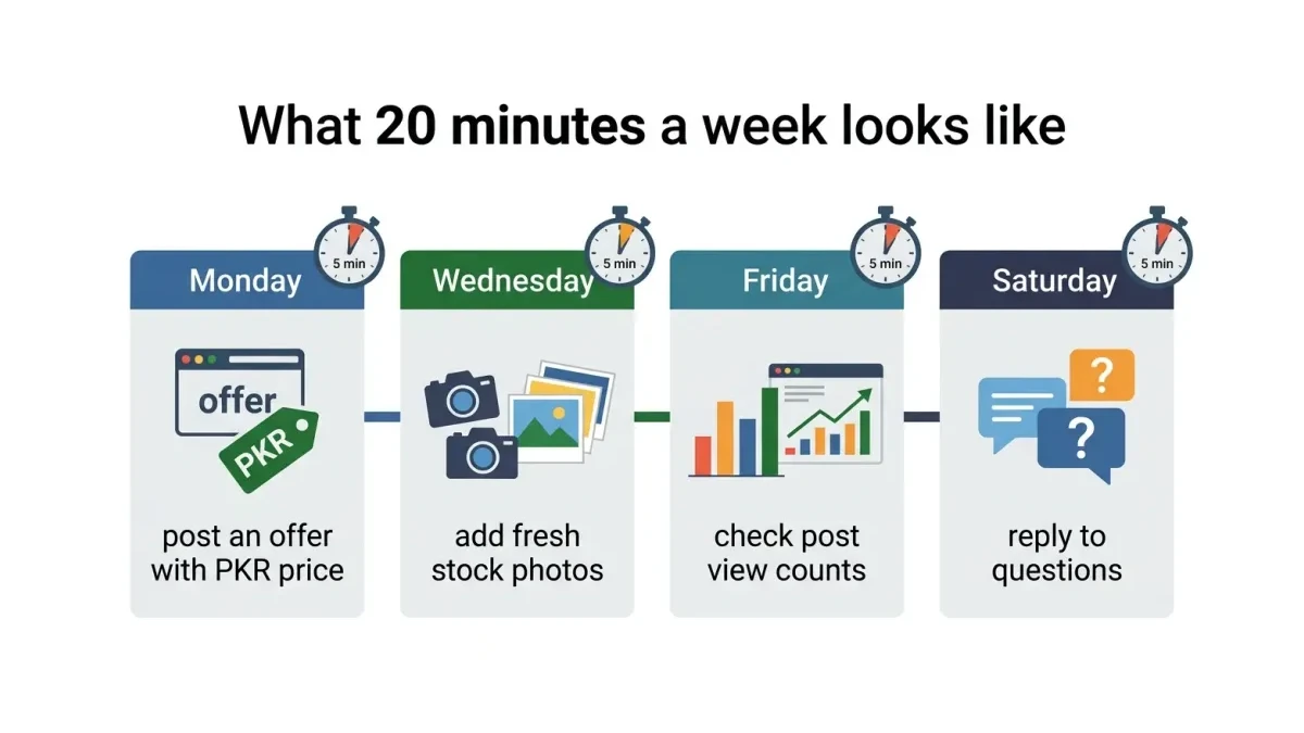 Infographic titled 'What 20 minutes a week looks like': simple weekly timeline with four blocks for posting an offer, checking view counts, replying to customers, and tallying calls