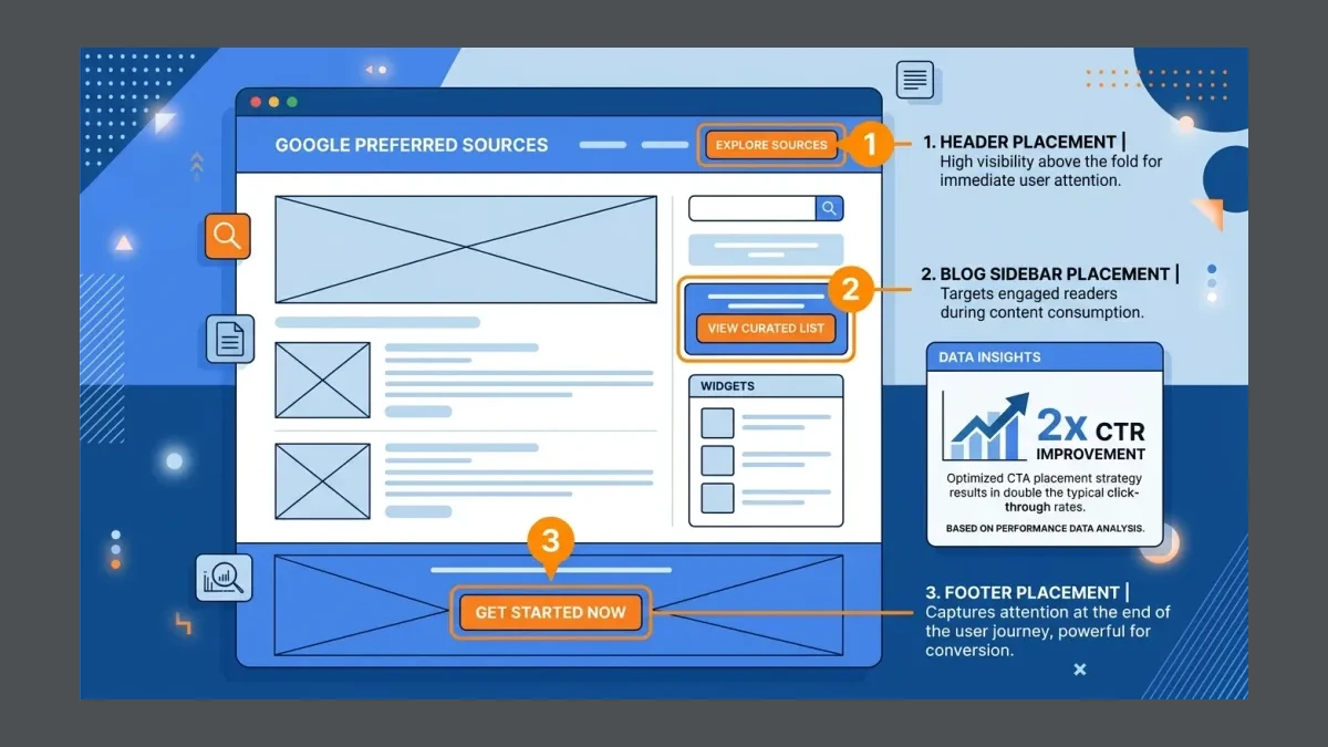 Infographic: Preferred Sources CTA placement guide for Pakistani websites showing header, sidebar, and footer positions