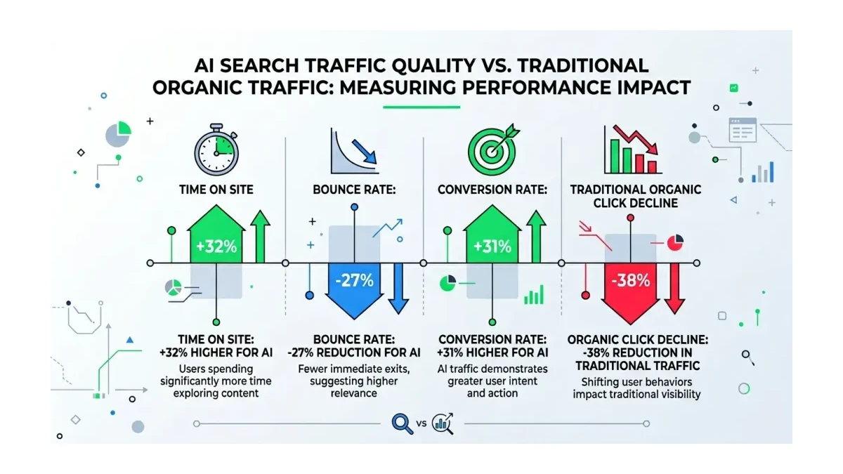 Infographic: Infographic showing a comparison bar chart of AI search traffic quality versus traditional organic traffic. Four metrics