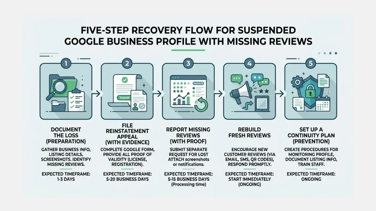 Infographic: A five-step recovery flow for a suspended Google Business Profile with missing reviews, from documenting the loss through appeal, review case, rebuild, and continuity plan.