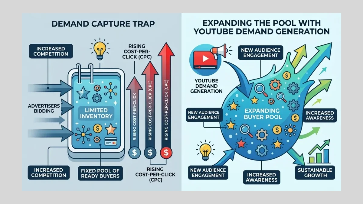 Infographic: Infographic-style diagram of the demand capture trap, a fixed pool of ready buyers with rising cost-per-click arrows as